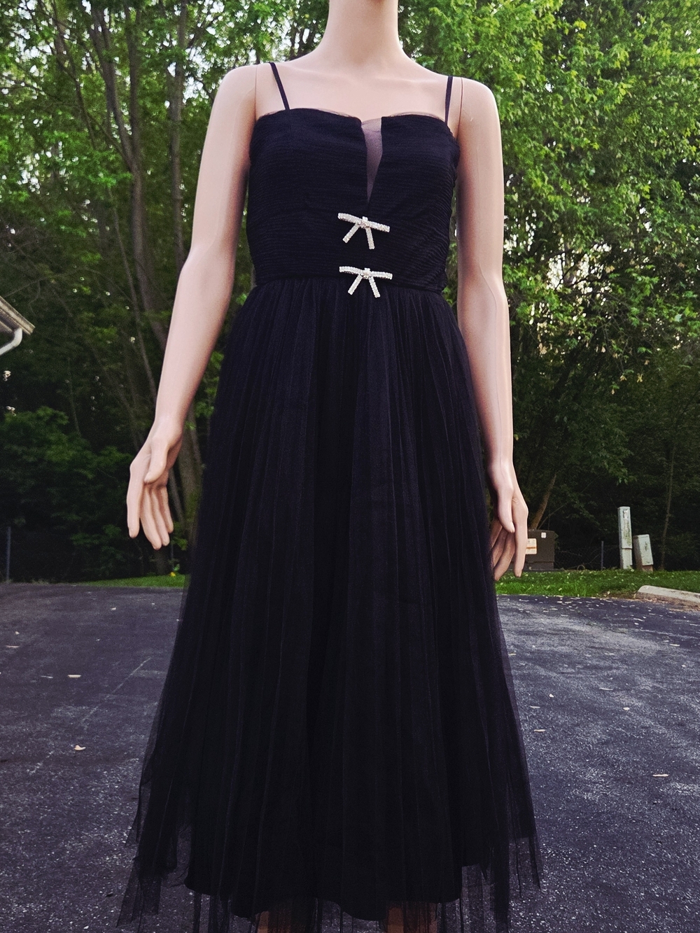 Francesca's Collections Black Tulle Midi Dress with Rhinestone Bows
